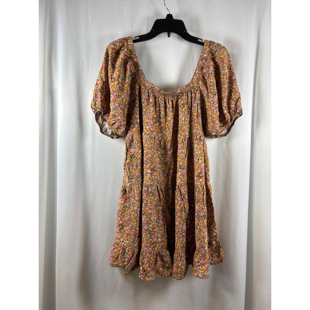 Wild Fable Floral Tiered Babydoll Mini Dress Brown Orange Puff Sleeve Large